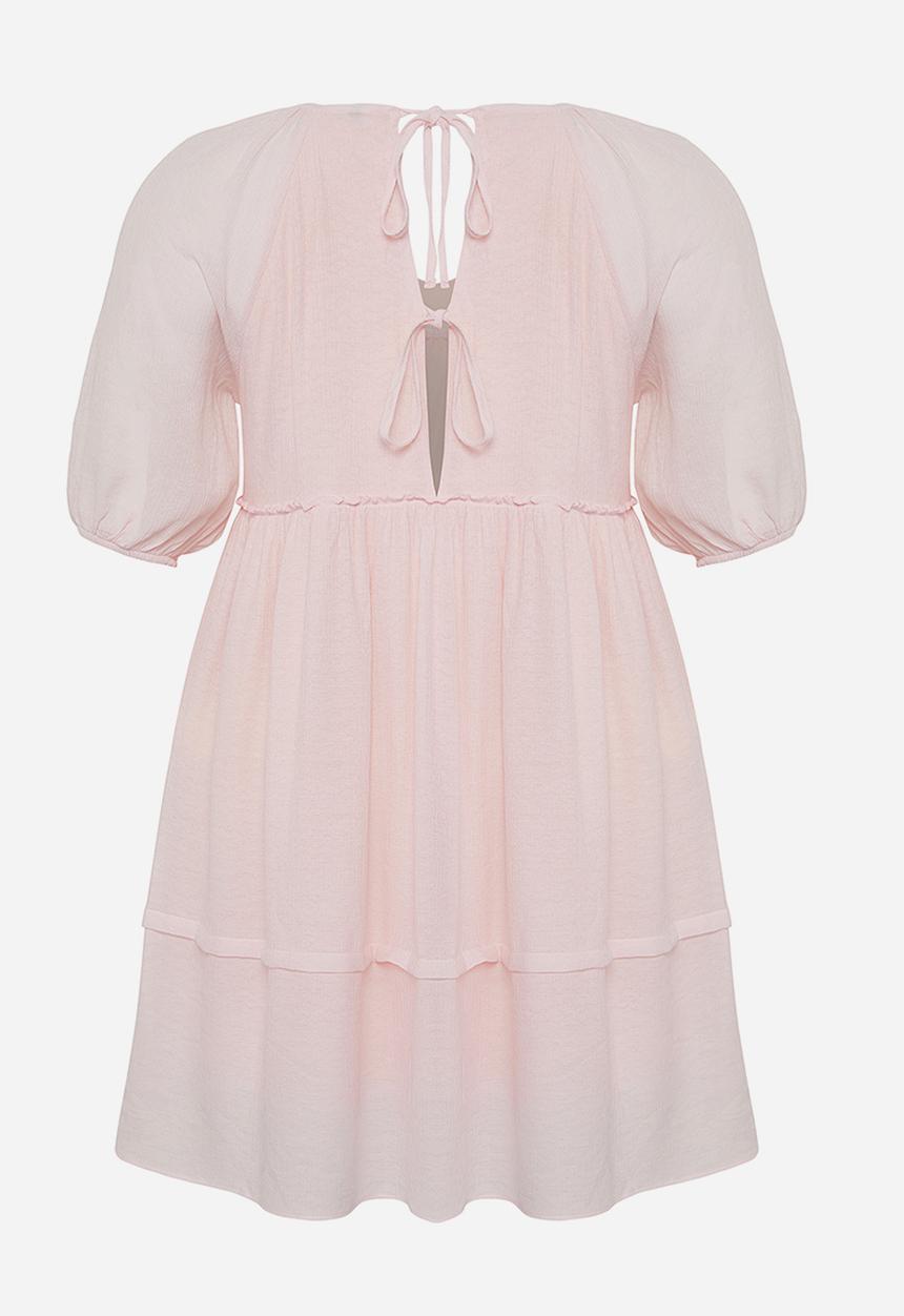 Trendyol - Balloon sleeve crinkle mini woven plus size dress - pink