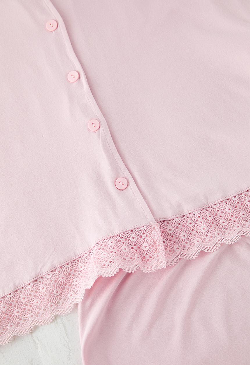 Trendyol - Dusty Rose V Neck Lace Viscose Shorts Knitted Pajama Set - pink