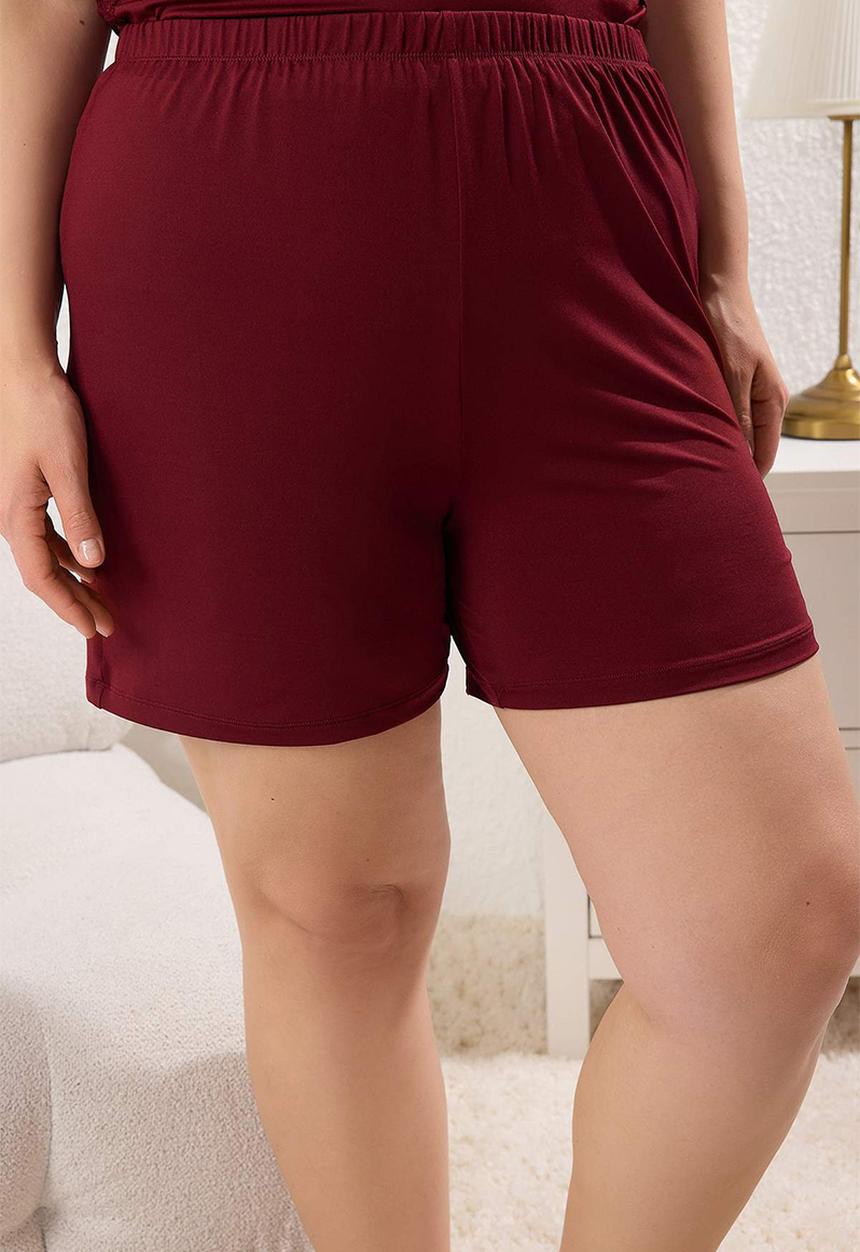Trendyol - Plum V Neck Lace Knitted Pajama Set - red
