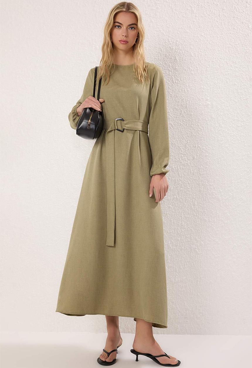 Trendyol - Belted Woven Dress - Khaki