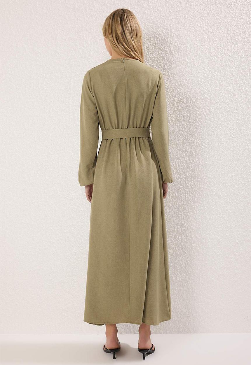 Trendyol - Belted Woven Dress - Khaki