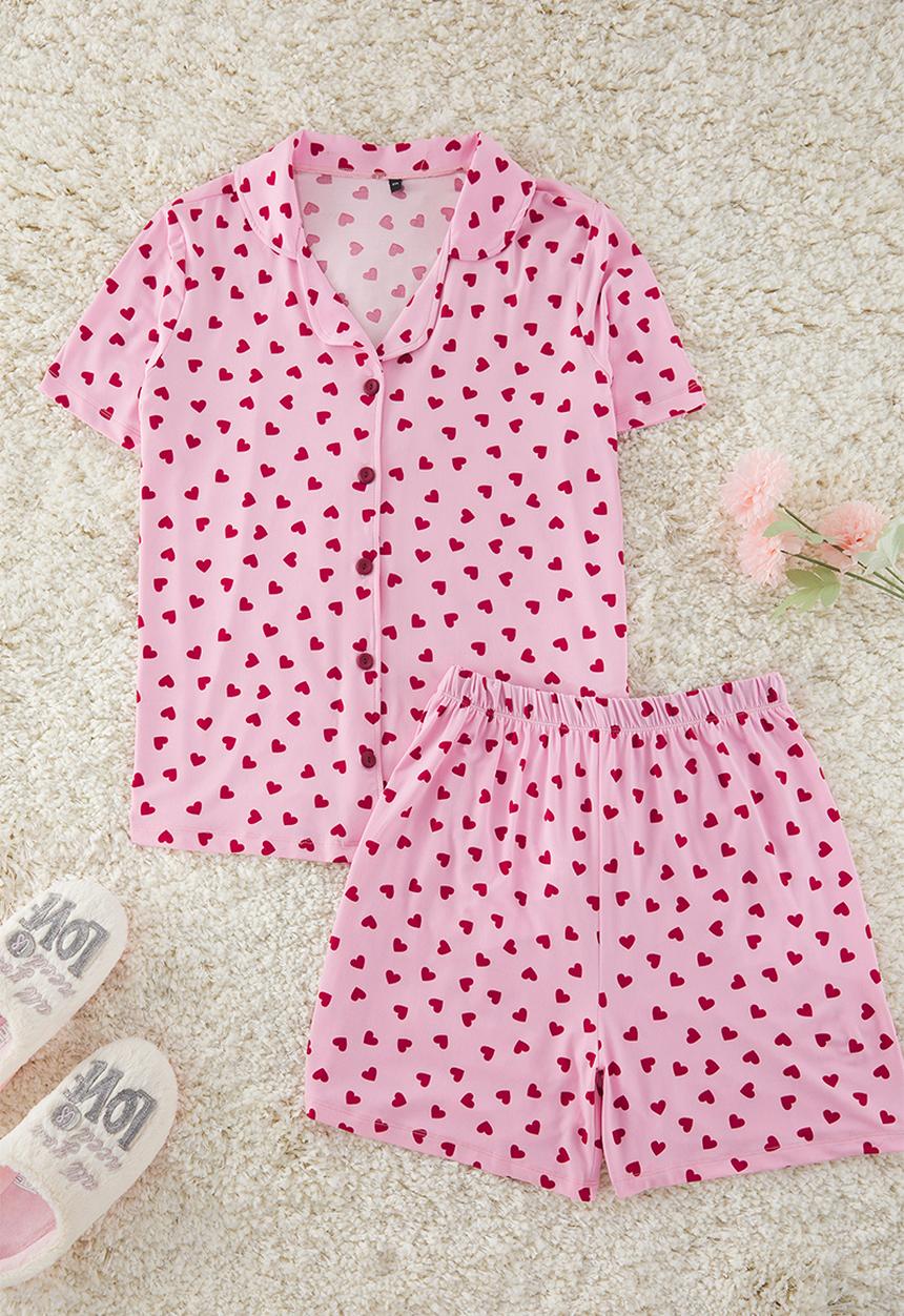 Trendyol - Heart Patterned Strawberry Patterned Milan Knitted Pajama Set - pink