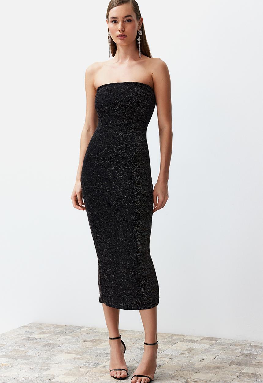 Trendyol - Bodycon Lined Sparkly Glitter Knitted Elegant Evening Night Graduation Dress - Black