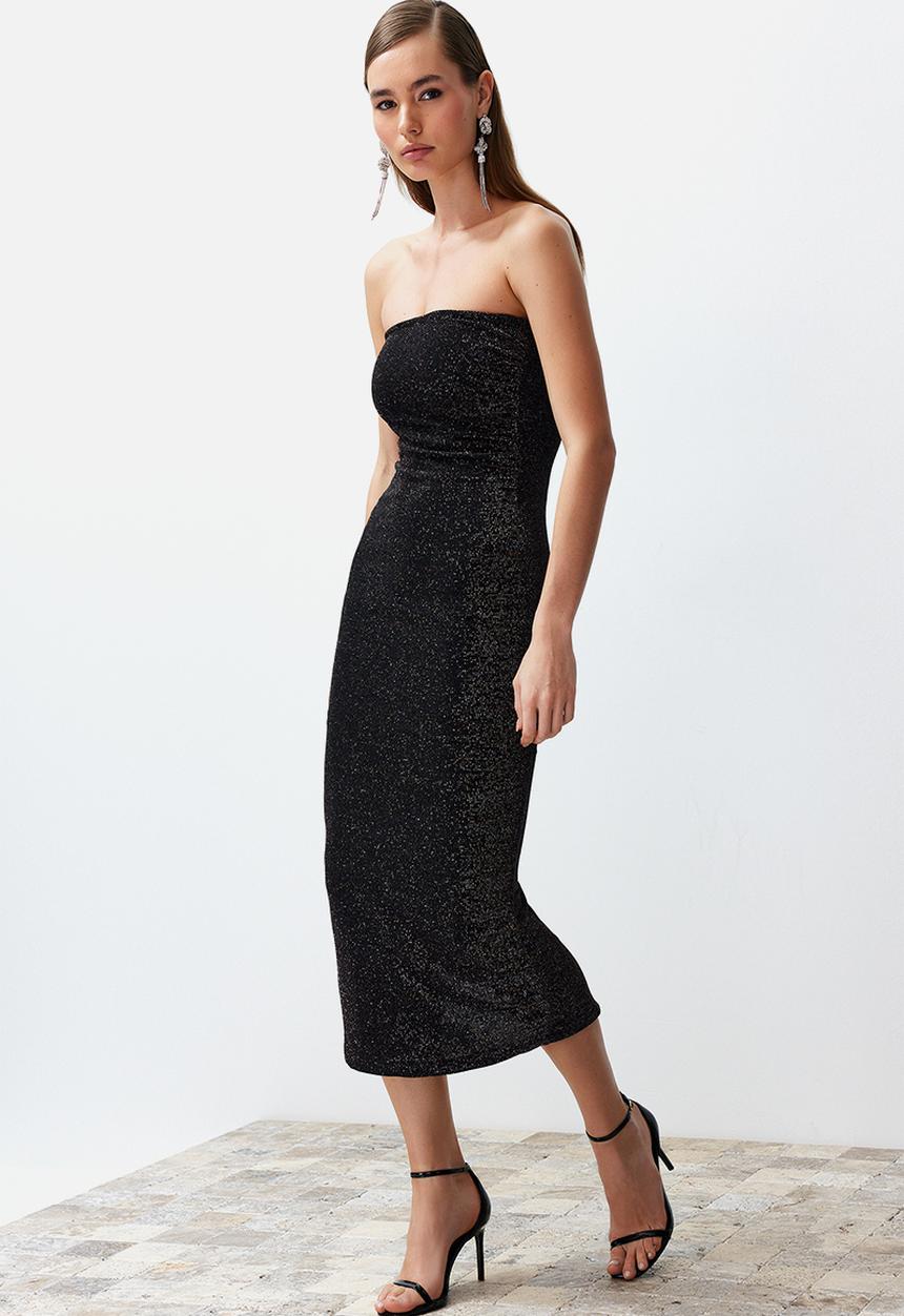 Trendyol - Bodycon Lined Sparkly Glitter Knitted Elegant Evening Night Graduation Dress - Black
