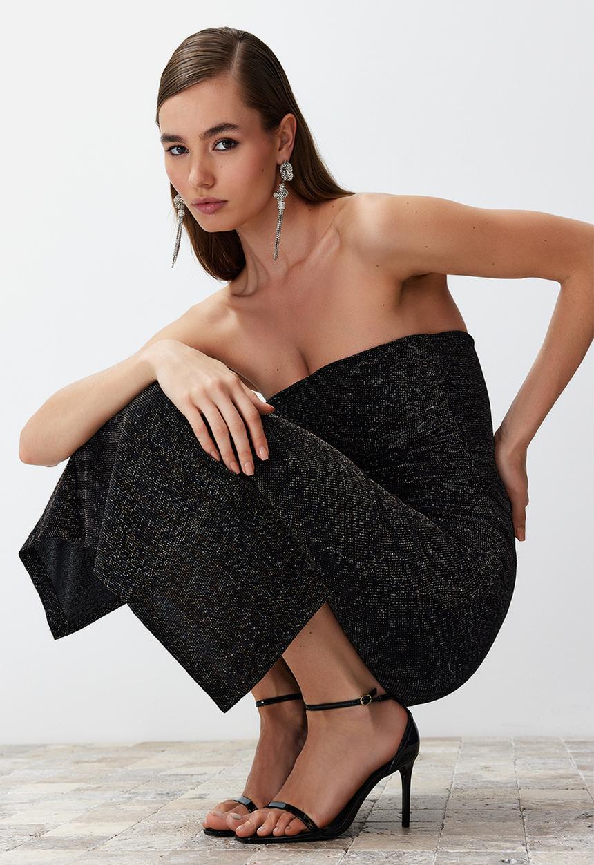 Trendyol - Bodycon Lined Sparkly Glitter Knitted Elegant Evening Night Graduation Dress - Black