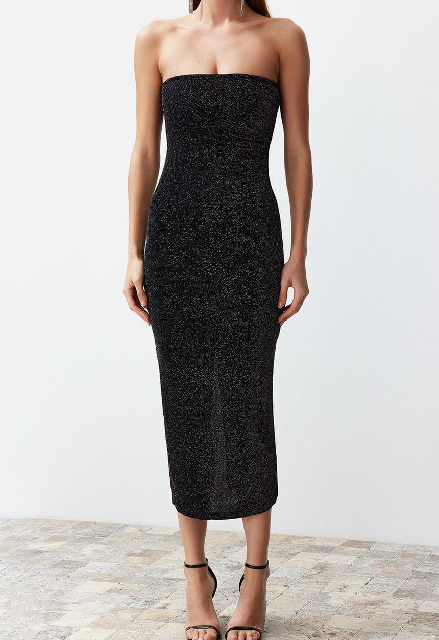 Trendyol - Bodycon Lined Sparkly Glitter Knitted Elegant Evening Night Graduation Dress - Black