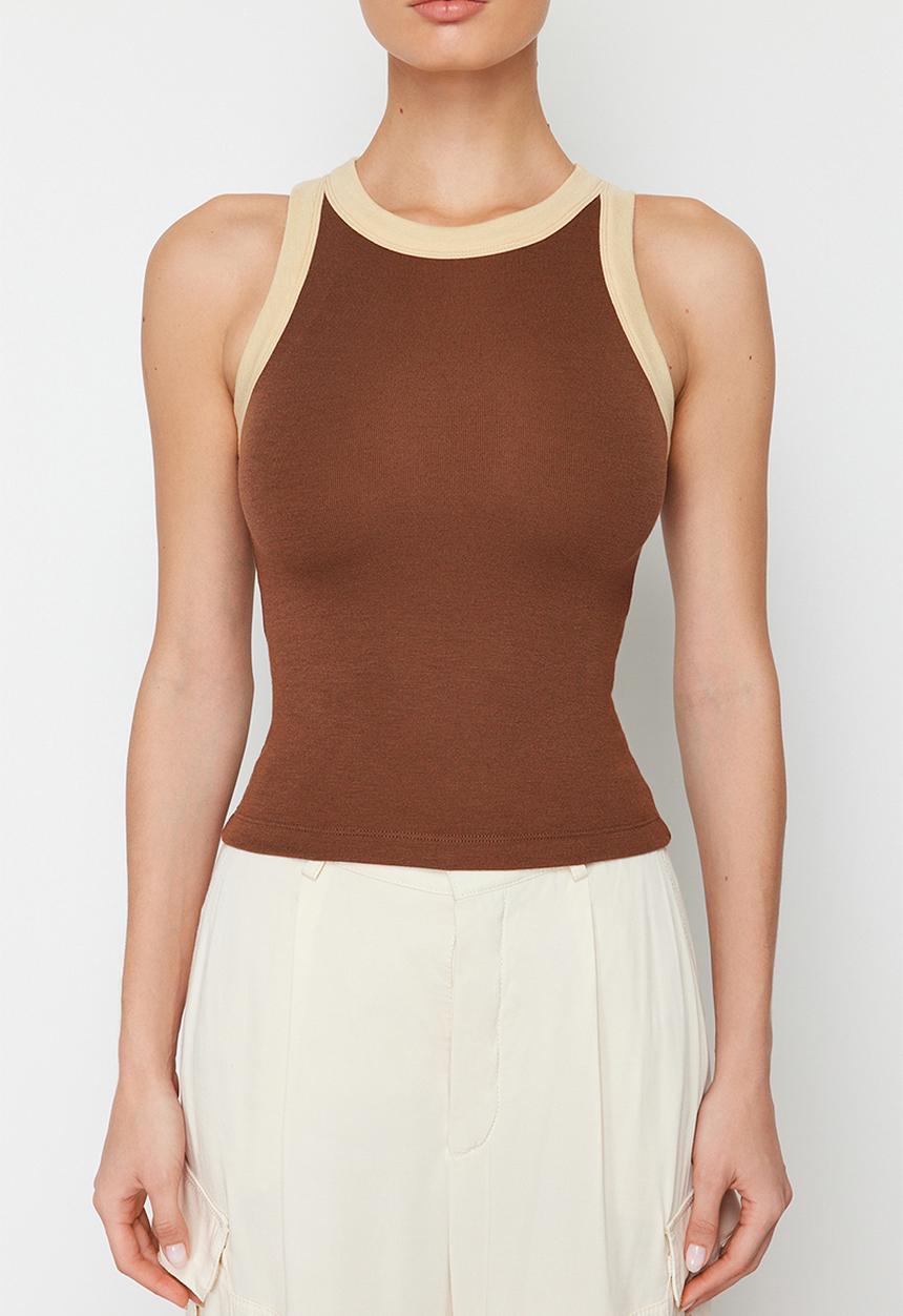 Trendyol - Halter neck contrast piping detail ribbed knitted undershirt - brown