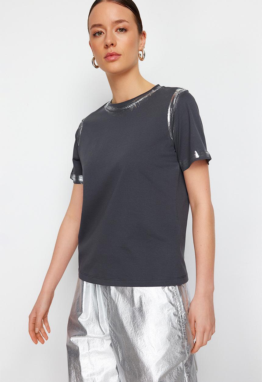Trendyol - Metallic Finish knitted T-shirt - anthracite