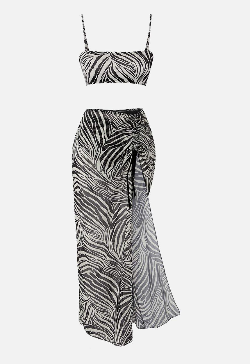 Trendyol - Patterned Bikini Pareo 3-Piece Beachwear Set - Zebra 