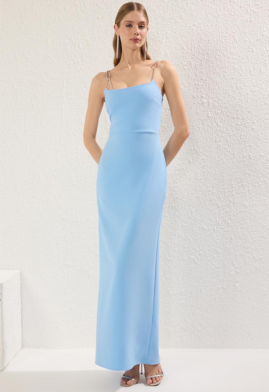 Trendyol - Blue stone accessory detailed woven long elegant evening night graduation dress - light blue