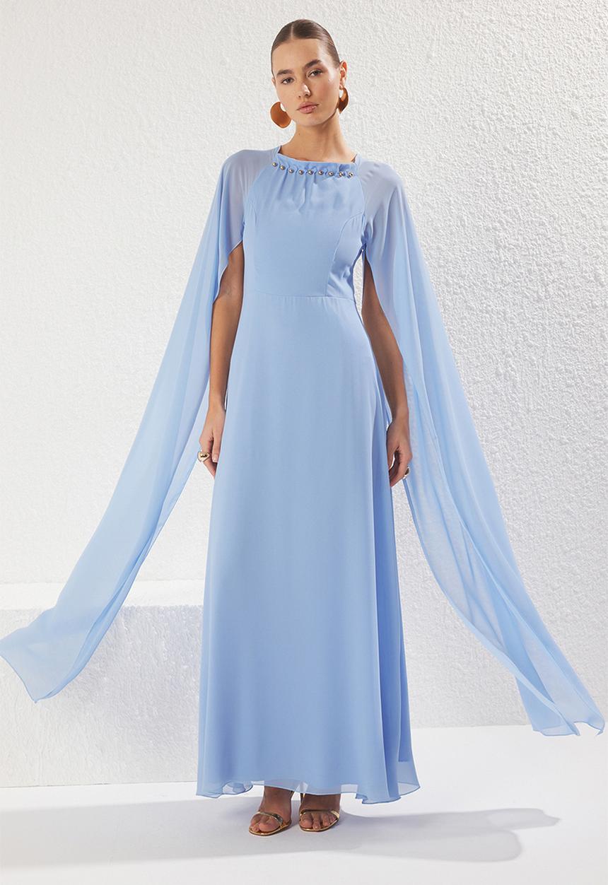 Trendyol - Blue accessory detailed lined flighty chiffon long elegant evening graduation dress - light blue