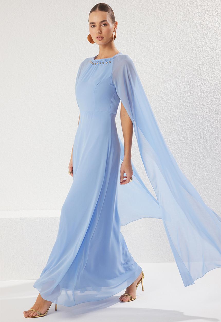Trendyol - Blue accessory detailed lined flighty chiffon long elegant evening graduation dress - light blue