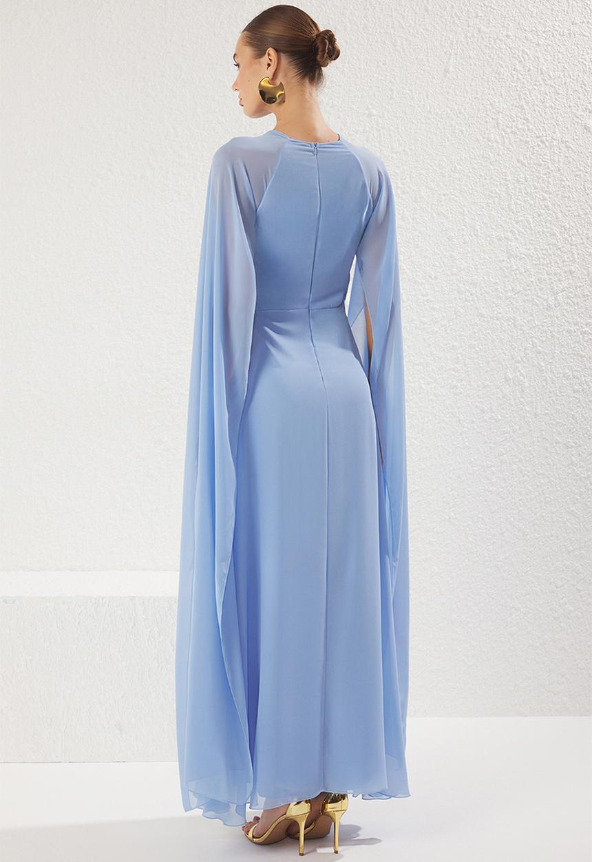 Trendyol - Blue accessory detailed lined flighty chiffon long elegant evening graduation dress - light blue