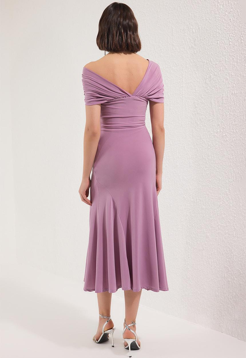 Trendyol - Asymmetrical Collar Knitted Elegant Evening Night Graduation Dress - Pink
