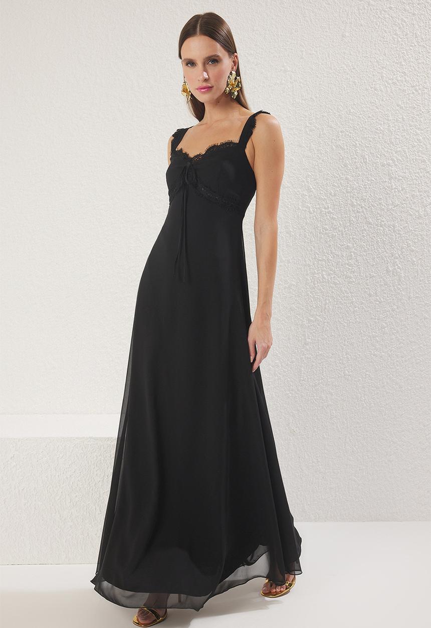 Trendyol - A-line lace detailed chiffon woven flowing long elegant evening graduation dress - black