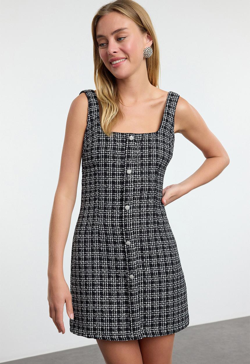 Trendyol - Tweed Woven Short Evening Prom Dress - Black
