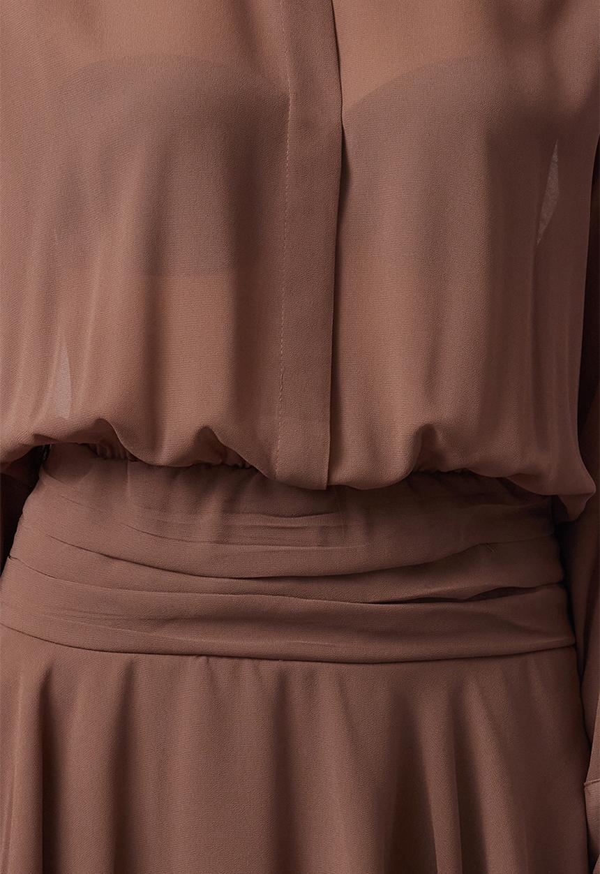Trendyol - Shirt Collar Detailed Chiffon Evening Prom Dress - Brown