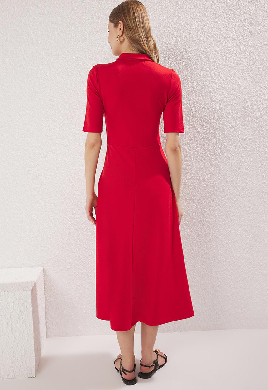 Trendyol - Buttoned collar three quarter sleeve skater/waist open midi knit dress - red