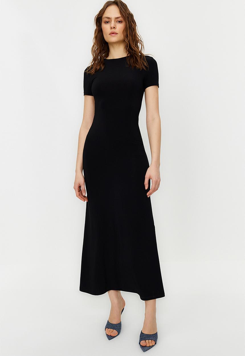 Trendyol - Short sleeve bodycone/fitting crew neck stretchy knitted maxi pencil dress - black