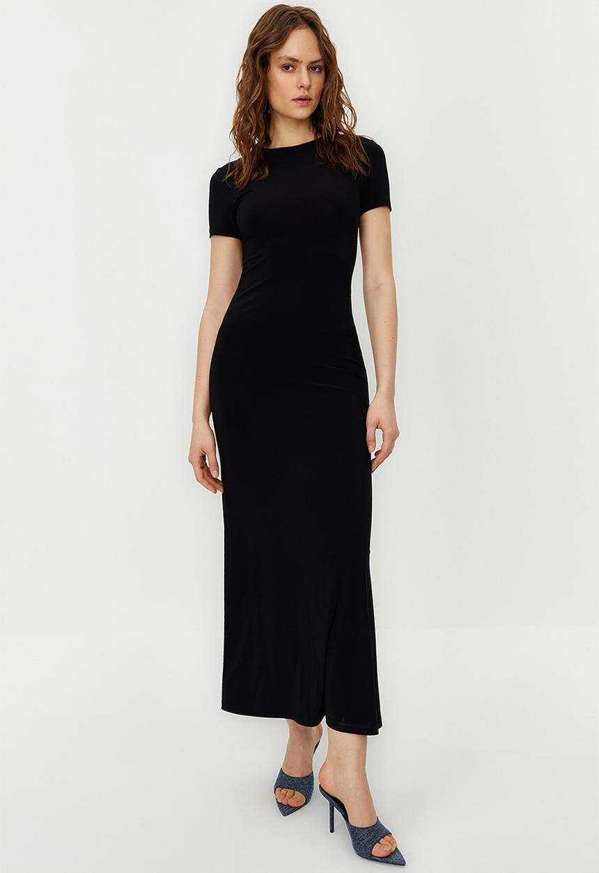 Trendyol - Short sleeve bodycone/fitting crew neck stretchy knitted maxi pencil dress - black