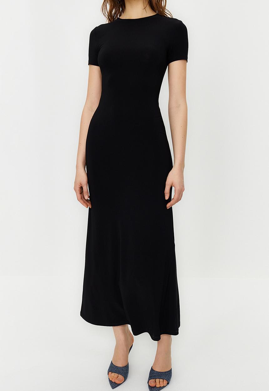 Trendyol - Short sleeve bodycone/fitting crew neck stretchy knitted maxi pencil dress - black