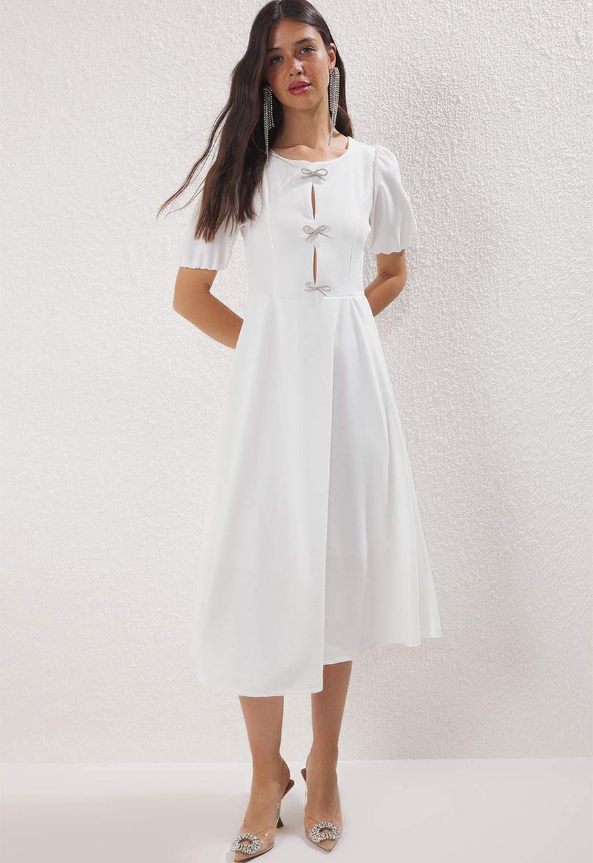 Trendyol - A-line bow lined knitted stylish dress - white