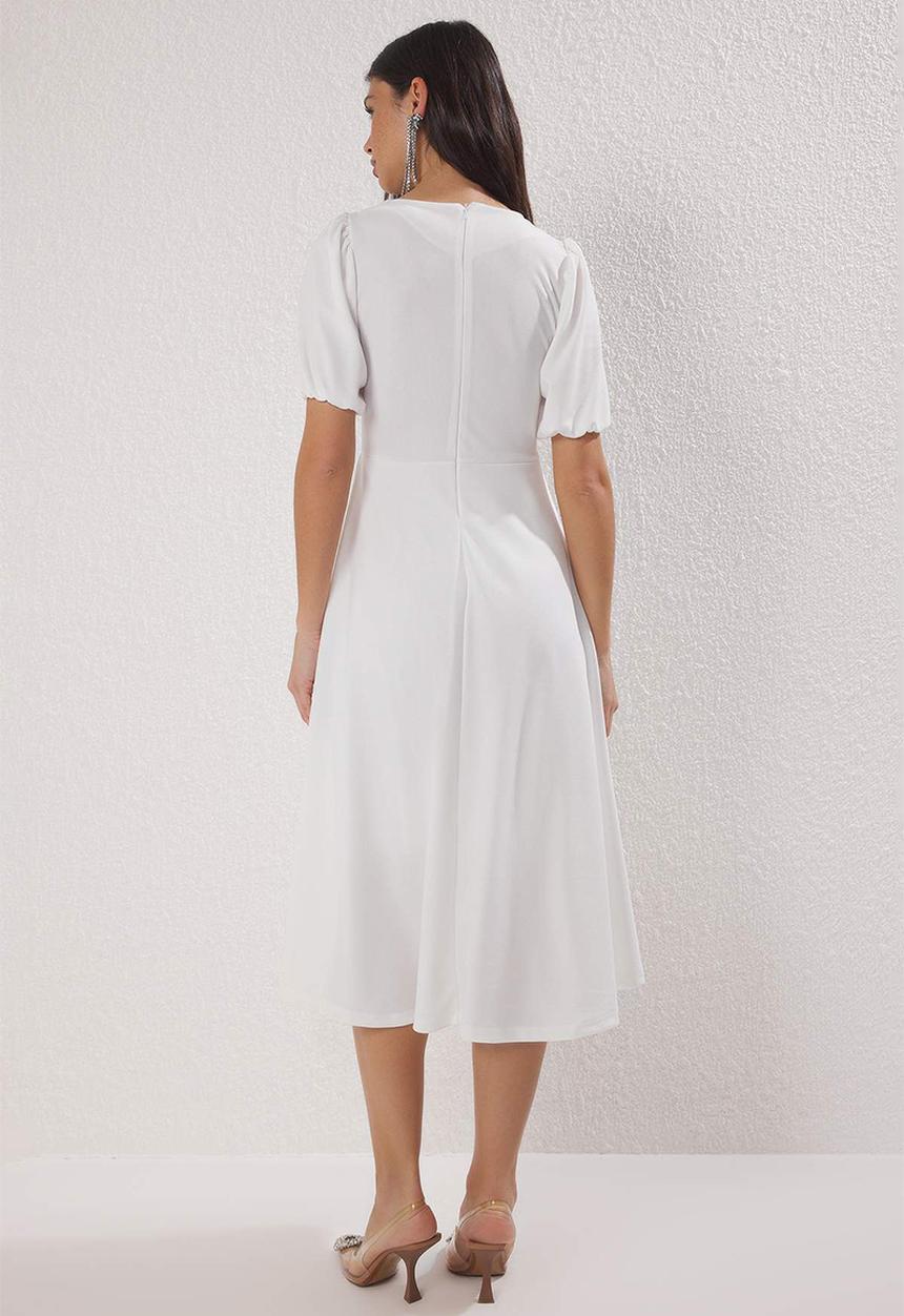Trendyol - A-line bow lined knitted stylish dress - white