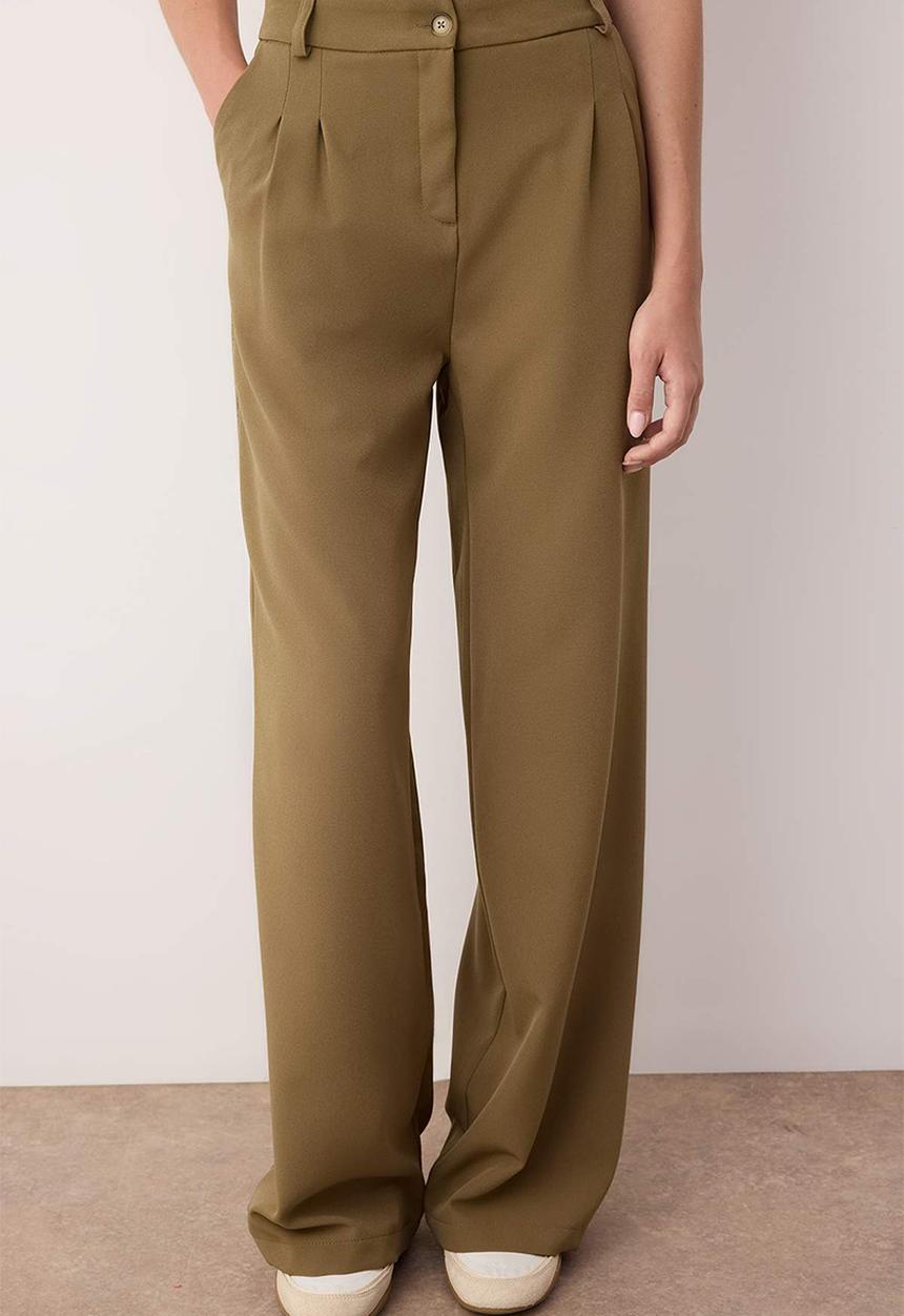 Khaki Pleated Wide Leg Trousers - Light Khaki