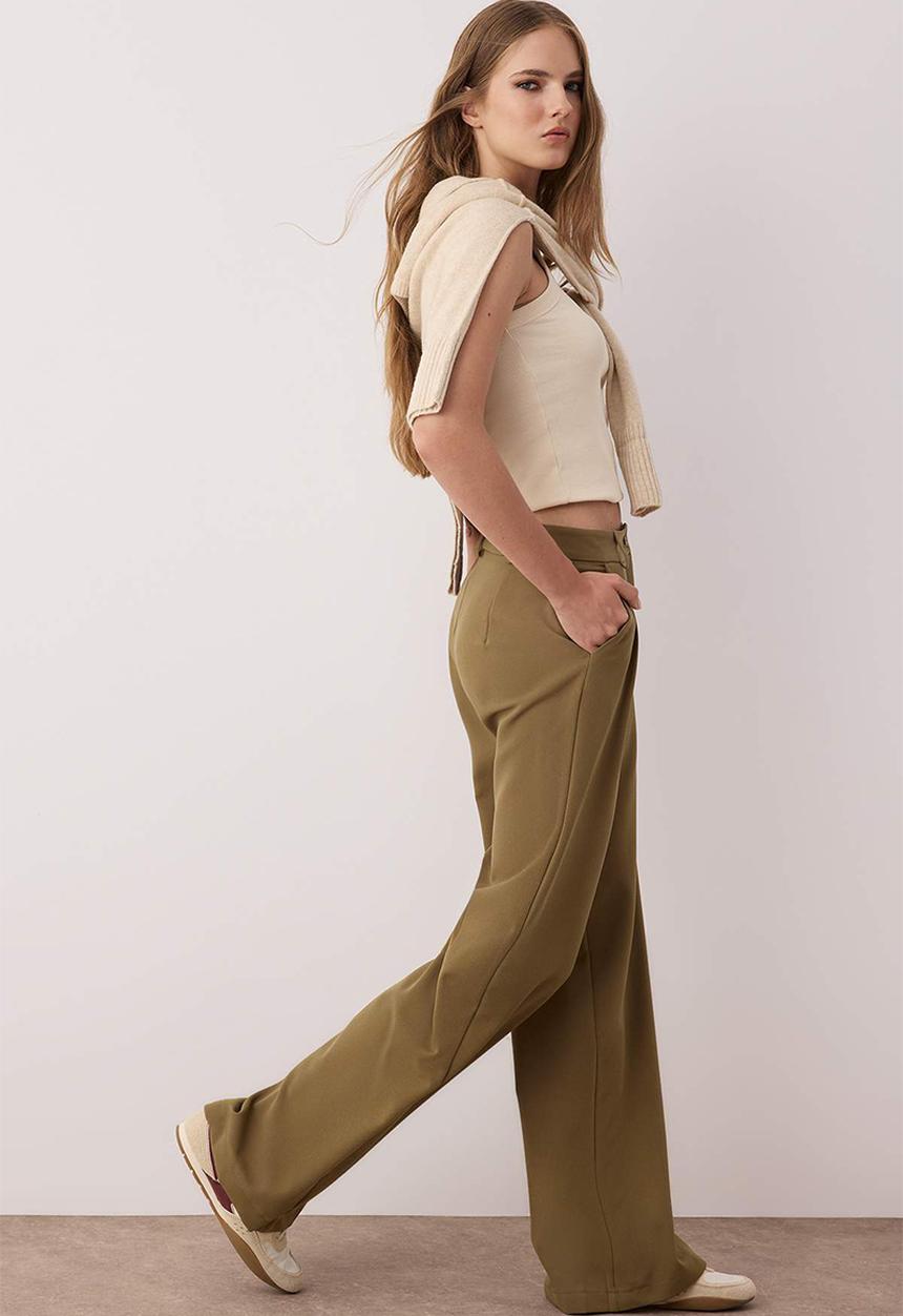 Trendyol - Khaki Pleated Wide Leg Trousers  - Light Khaki