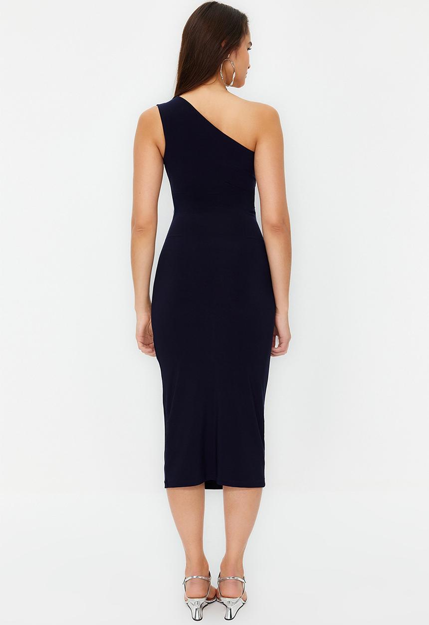 Trendyol - One shoulder draped fitted maxi flexible knitted midi pencil dress - navy blue