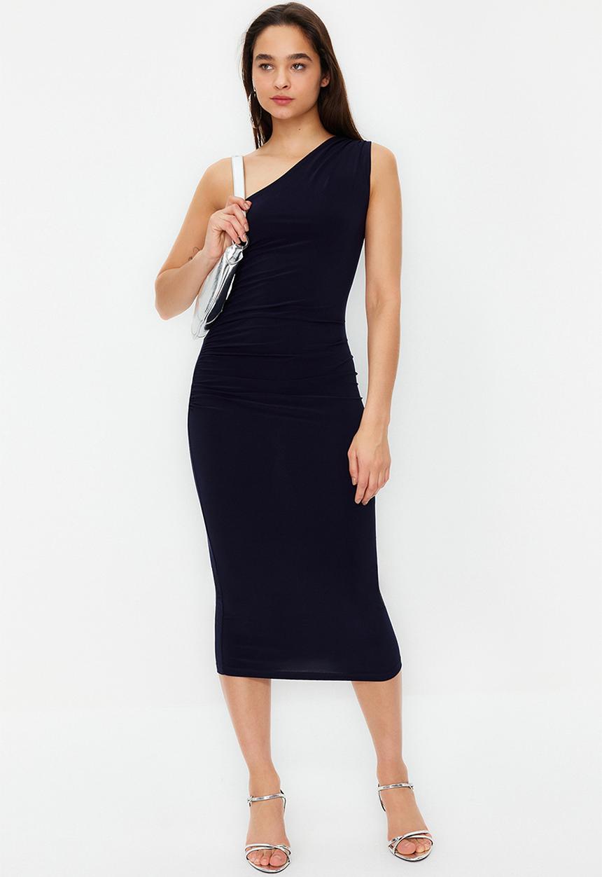 Trendyol - One shoulder draped fitted maxi flexible knitted midi pencil dress - navy blue