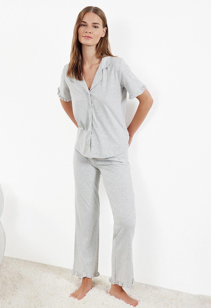 Grey Melange 100% Cotton Ruffle Detailed Knitted Pajama Set