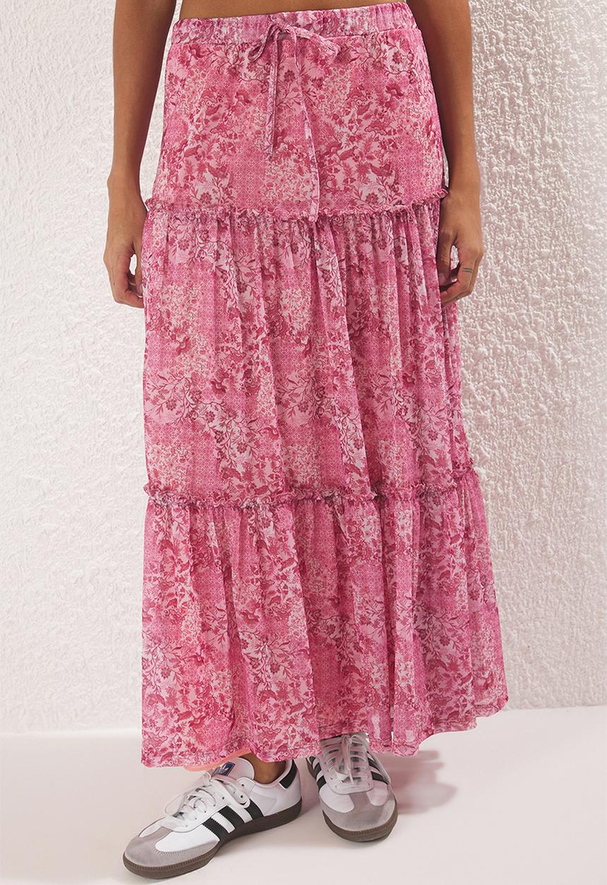 Trendyol - Tulle Floral Printed Stretchy Maxi Skirt - Pink