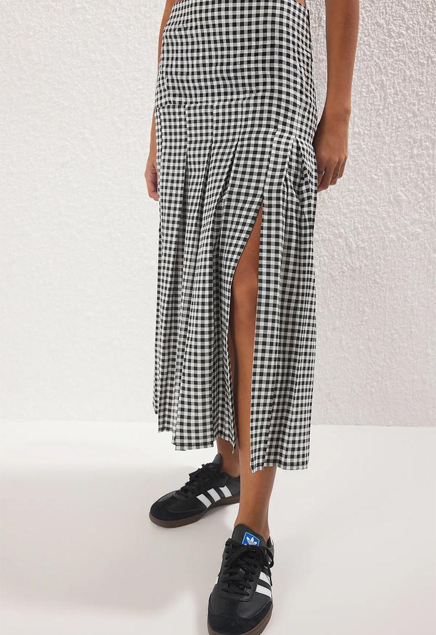 Trendyol - Plaid/Gingham Pleated Midi Woven Skirt - Black