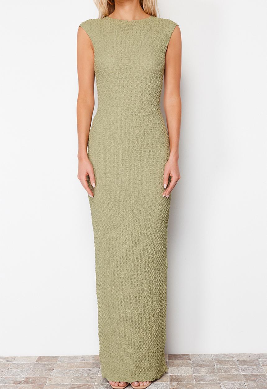 Trendyol - Textured fabric fitted moon sleeve stretchy knitted midi pencil dress - khaki