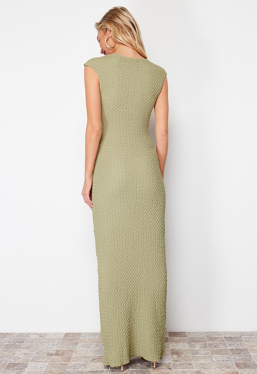 Trendyol - Textured fabric fitted moon sleeve stretchy knitted midi pencil dress - khaki