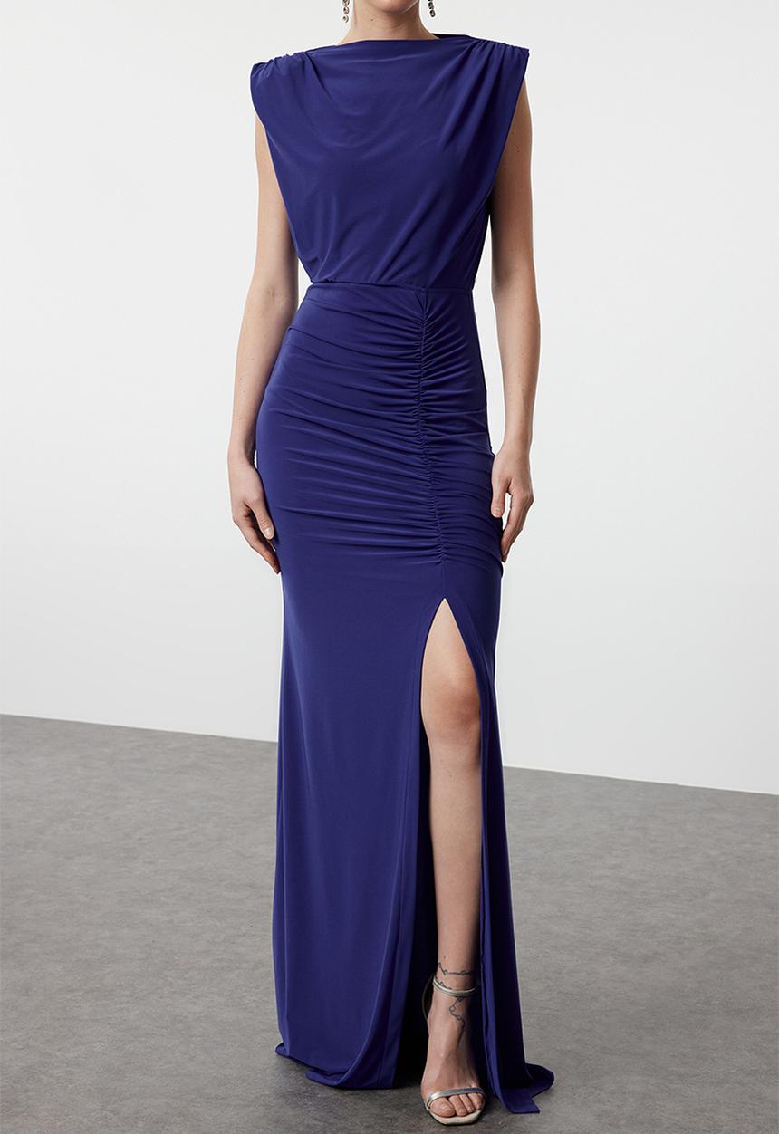 Trendyol - Fitted Draped Woven Long Elegant Evening Dress - sax