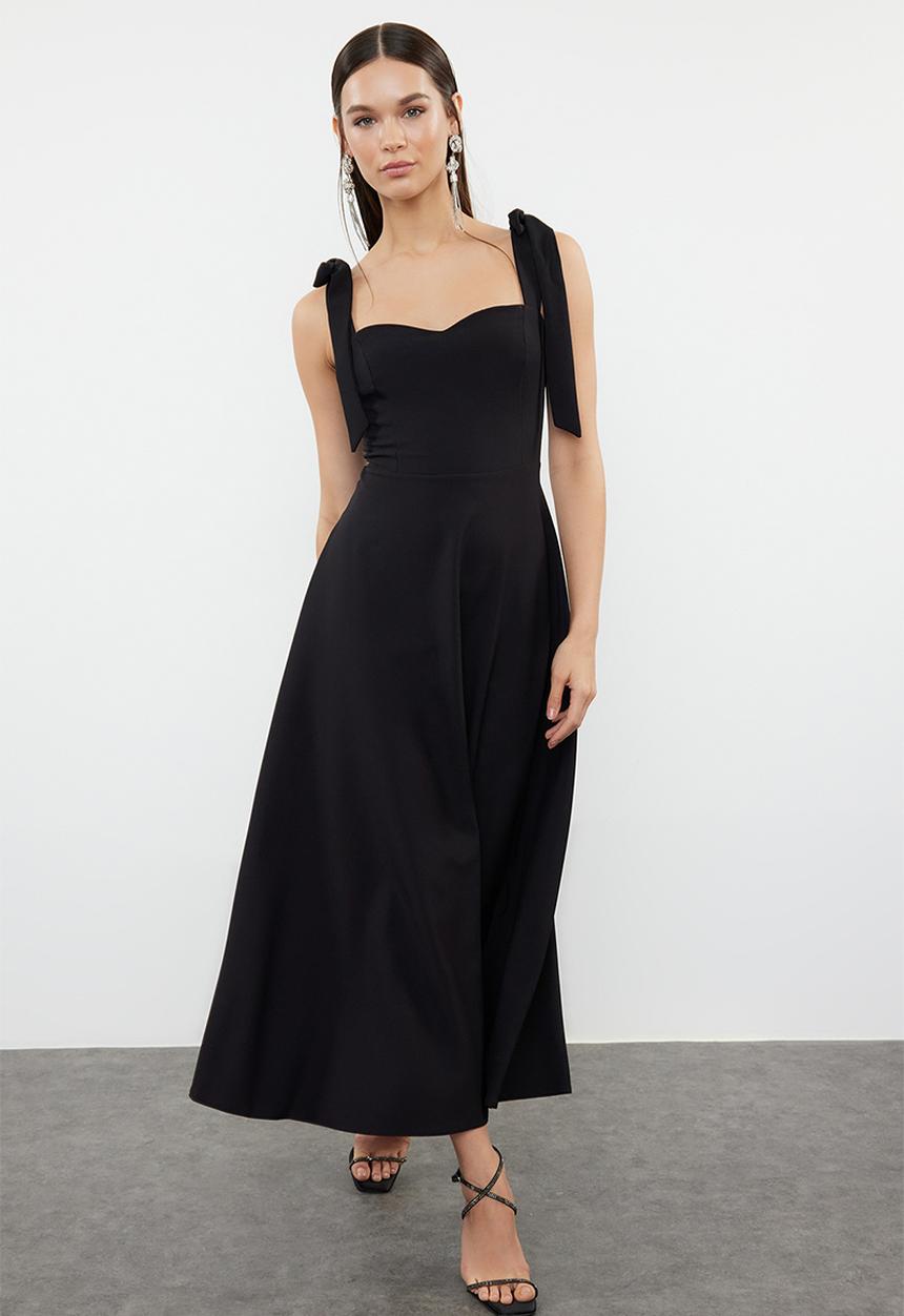 Trendyol - A-Line Strap Detailed Woven Evening  Dress - Black