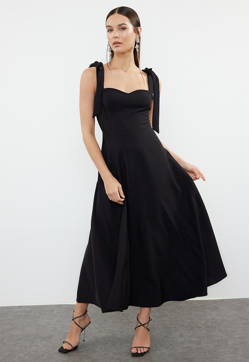 Trendyol - A-Line Strap Detailed Woven Evening  Dress - Black