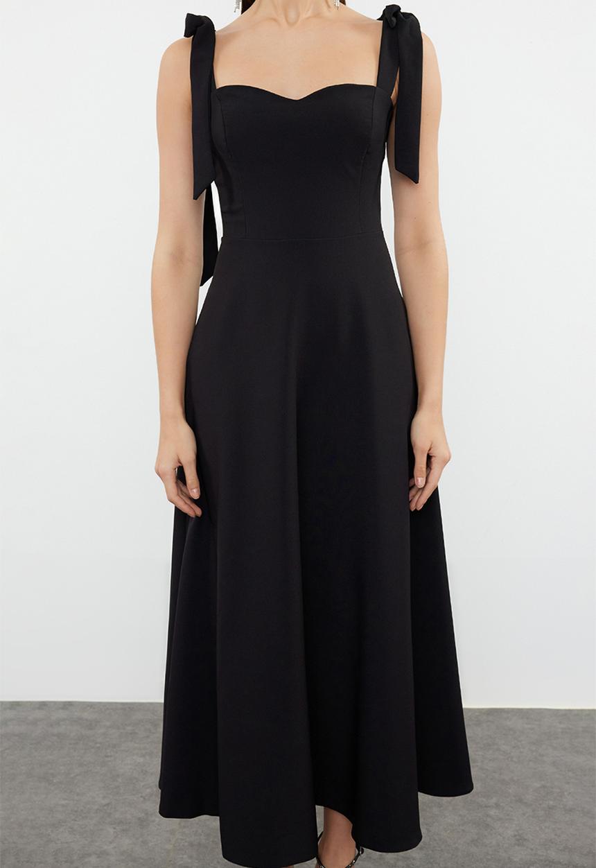 Trendyol - A-Line Strap Detailed Woven Evening  Dress - Black
