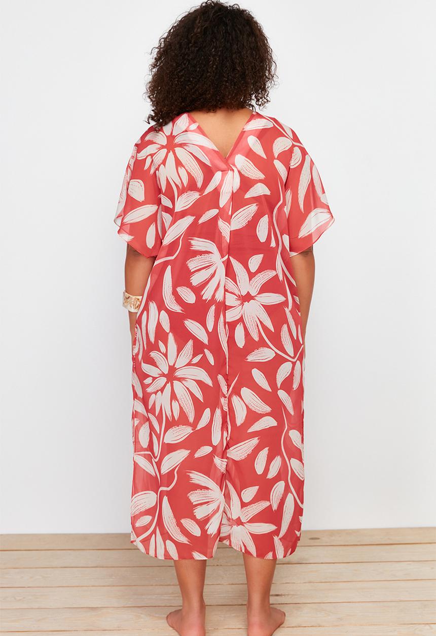 Trendyol - Tropical patterned bat sleeve midi length woven plus size beach dress - very colorful