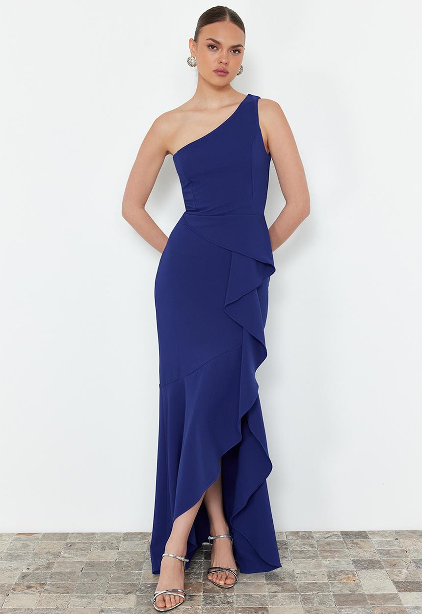 Trendyol - Flounce Single Sleeve Woven Long Evening Dress - blue