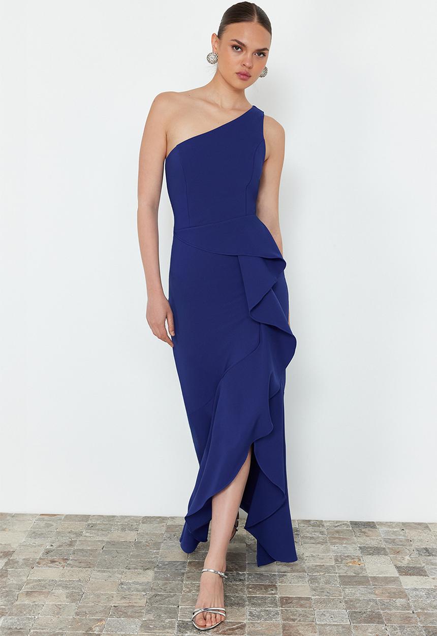 Trendyol - Flounce Single Sleeve Woven Long Evening Dress - blue