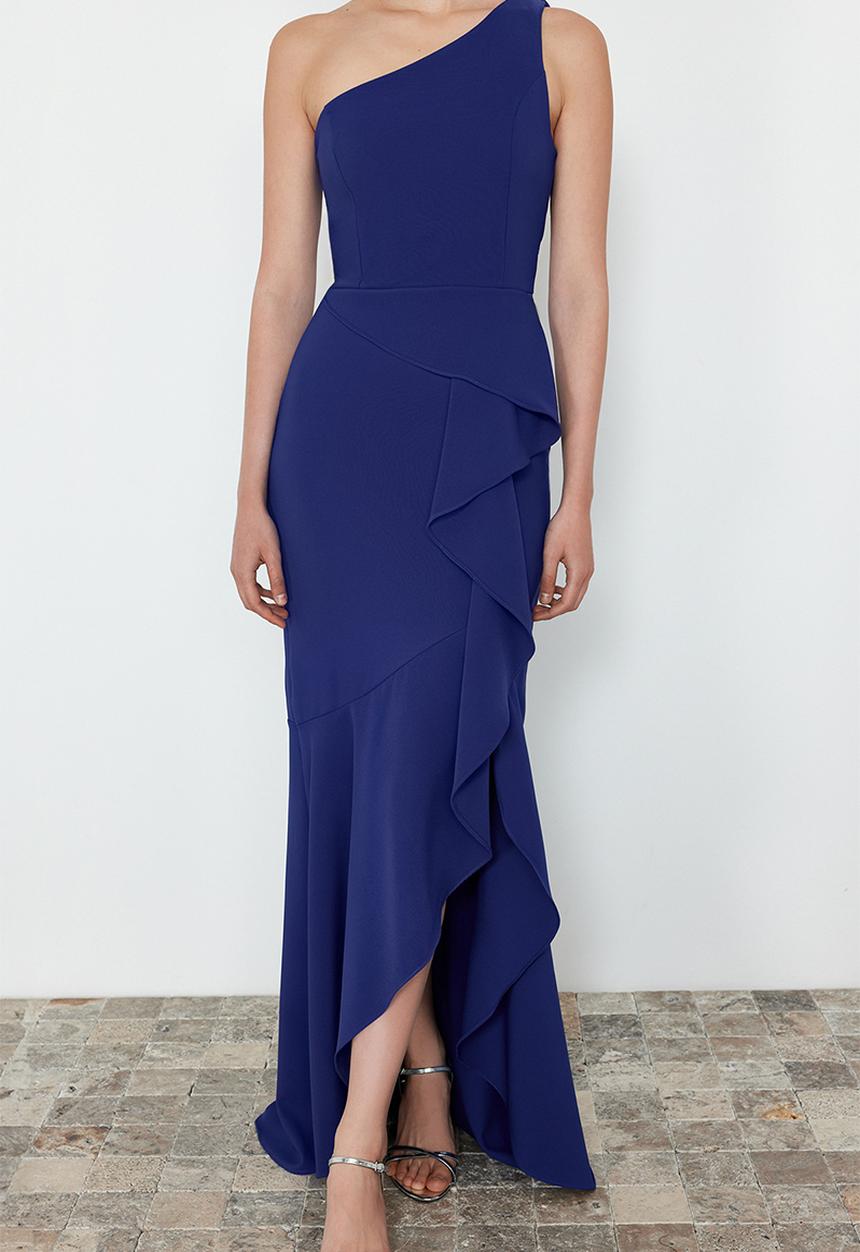 Trendyol - Flounce Single Sleeve Woven Long Evening Dress - blue