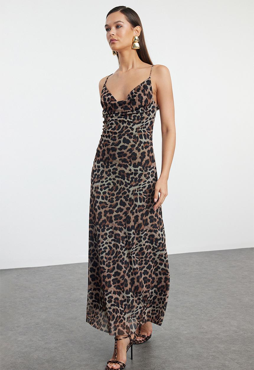 Trendyol - Bodycon Leopard Patterned Cowl Neck Tulle Evening Dress - Multi