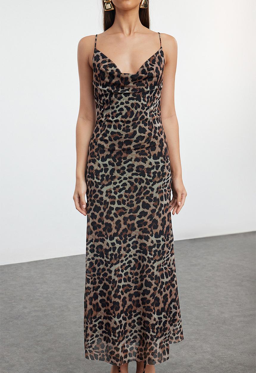 Trendyol - Bodycon Leopard Patterned Cowl Neck Tulle Evening Dress - Multi