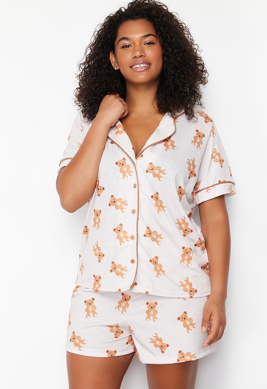 Trendyol - Beige Teddy Bear Patterned Shirt Collar Knitted Pajama Set