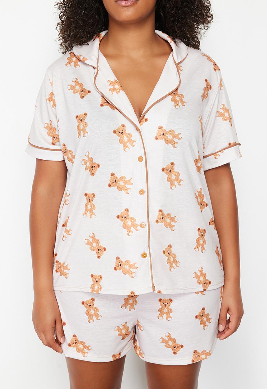 Trendyol - Beige Teddy Bear Patterned Shirt Collar Knitted Pajama Set