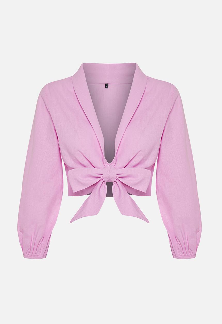 Trendyol - Crop Woven Tied Flamed Cotton Beach Blouse - Pink