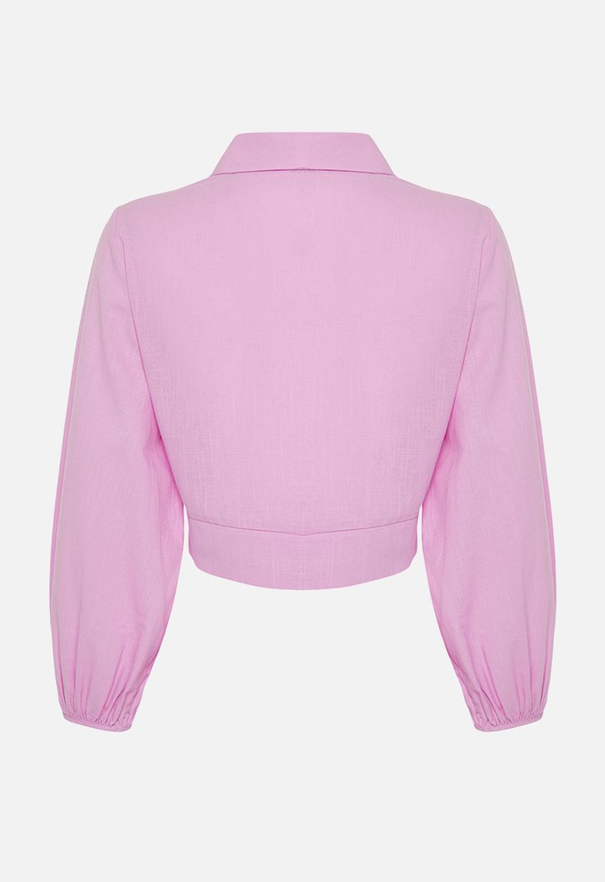 Trendyol - Crop Woven Tied Flamed Cotton Beach Blouse - Pink